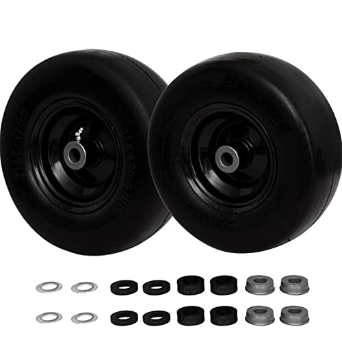 11×4-5 Lawn Mower Tires on Wheel, Flat Free Solid Smooth Tread Zero Turn & Garden Tractor Mowers Tire Assembly, 3/4″ or 5/8″ Bushing, 3.4″-4″-4.5 -5″ Centered Hub, 2 Pack