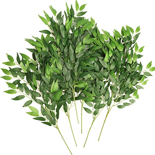 CEWOR 6pcs Italian Ruscus Greenery Stems, 27.6in Artificial Green Leaf Garland Vines Hanging Spray for Wedding Arch Bouquet Filler Table Centerpieces Home Decor