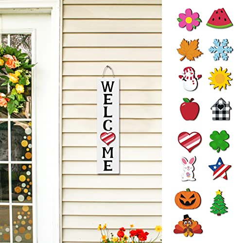 Yaaaaasss! Interchangeable Mini Welcome Vertical Door Sign Wooden Indoor Outdoor Hanger with 15 Pcs Seasonal Replaceable Ornaments Rustic Farmhouse Porch Sign Home Decoration Ideas -White