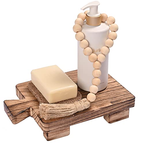 LUEUR Wooden Farmhouse Decor, Pedestal Stand Riser, Wood Display Tray,Serving Board, Wooden Soap Holder for Bathroom Home Kitchen to Display Bottles Makeup Tissues Candles Decor (Dark Brown)