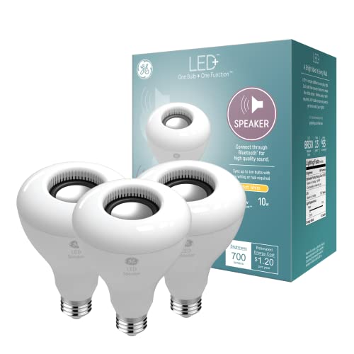 GE LED+ Speaker Indoor Floodlight Bulb, Soft White, Bluetooth Speaker, No App or Wi-Fi Required, Remote Included, BR30 Indoor Floodlight Bulb (3 Pack)