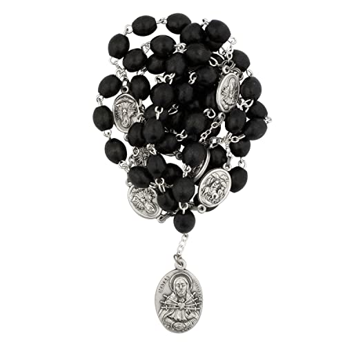 Venerare Seven Sorrows of Mary | Black Wooden Beads with Silver-Tone Medals Depicting the Seven Dolors of Mary | Great Catholic Gift for First Holy Communion and Confirmation