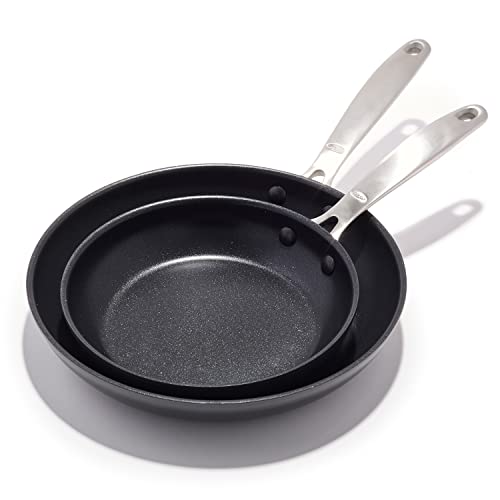 OXO Good Grips Pro, 8″ and 10″ Frying Pan Skillet Set, 3-Layered German Engineered Nonstick Coating, Stainless Steel Handle, Dishwasher Safe, Oven Safe, Black