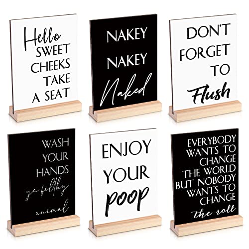 6 Pieces Funny Bathroom Signs Wooden Humor Sayings Restroom Decor Mini Bathroom Signs Decor with Base Stand Rustic Bathroom Farmhouse Decor for Home Shelf Bath Tiered Tray Table Housewarming Gifts