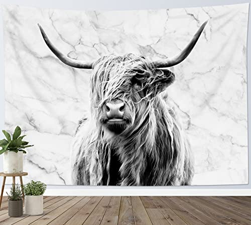 SCECALA Farmhouse Highland Cow Tapestry for Bedroom, Funny Wild Animal Bull Wall Hanging Grey Marble Wall Tapestry Aesthetic Wall Decor for Living Room College Dorm Office Home Party Blanket 60″x40″