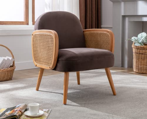 EALSON Velvet Accent Chairs, Mid Century Modern Armchair for Living Room, Bedroom Comfy Upholstered Reading Accent Chair with Rattan Armrests and Wood Legs Elegant Sofa Chair, Brown