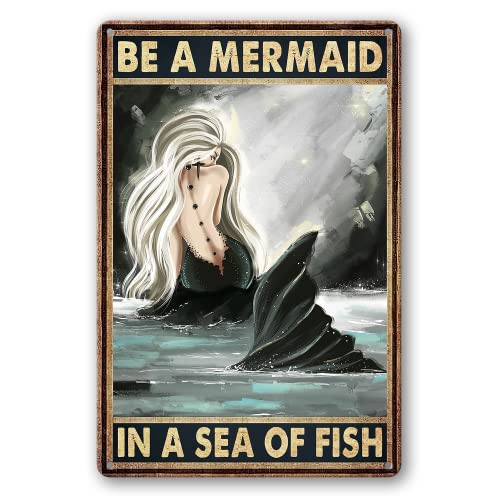 LOVEJIA Be A Mermaid In A Sea Of Fish Sign Metal Tin Signs Vintage Black Mermaid Signs Art Poster Plaque Home Wall Decor Retro Bedroom Bathroom Decor Gifts 8×12 Inches TPM-6-7