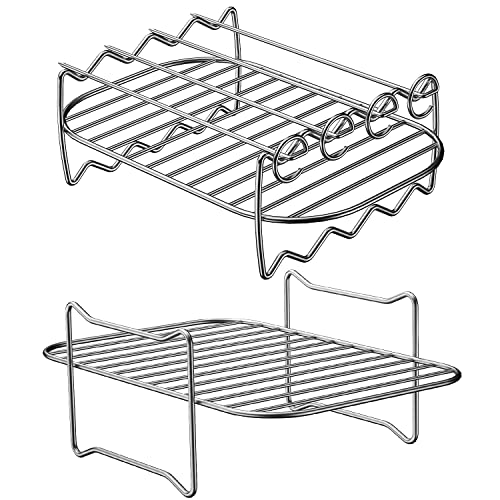 MFTEK Air Fryer Rack Set Of 2 for Dual Basket, Air Fryer Accessories Dehydrator Rack, Multi-purpose Double Layer Rack with Skewer, Compatible with Double Basket Air Fryers Ninja Foodi DZ201/401 Instant
