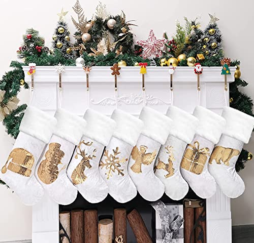 GEX Christmas Stockings 8 Pack for Family 20″ Gold Sequins White Velvet with Soft Faux Fur Embroidery Classic Fireplace Tree Decorations Hanging Ornament for Xmas Season Decor (Set of 8)