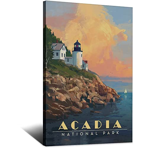 Maine Vintage Acadia National Park Travel Posters Lighthouse Canvas Wall Art Prints, Home Decor Wall Art Paintings, Modern Gifts for Home Living Room