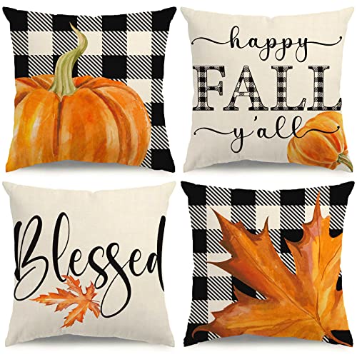 KISVODS Fall Pillow Covers 18×18 Set of 4 Fall Decorations Autumn Pillow Covers Buffalo Plaid Pumpkin Pillow Covers Holiday Rustic Linen Fall Pillow Case for Sofa Couch