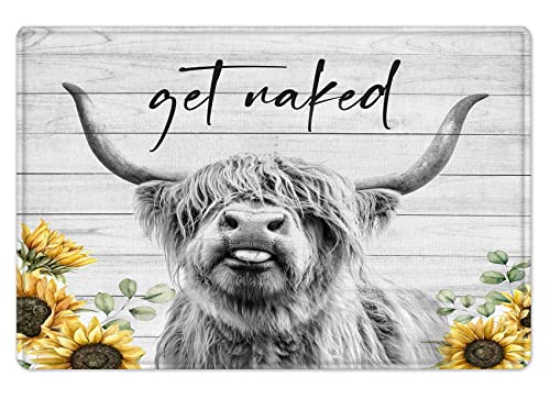 ECOTOB Farmhouse Highland Cow Bath Rug Bathtub Mat, Get Naked Western Bull with Yellow Flower Sunflower Bath Decor Accessories, Funny Farm Animal Bathroom Mat with Non-Slip Backing, 23.6″×15.7″