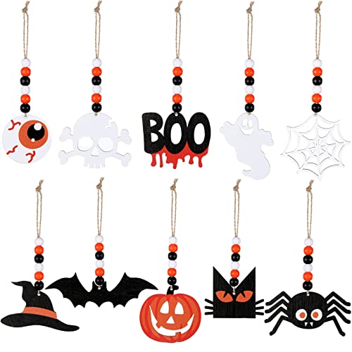 10 Pcs The Night Before Christmas Halloween Wood Hanging Ornaments, Wood Bead Decorations Hanging Tree Pumpkin Spider Skull Witch Bat Ghost Ornament Haunted House Decor