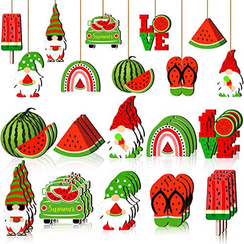 30 Pcs Summer Tree Ornaments Wood Gnomes Hanging Ornaments Summer Fruit Wood Gift Tags with String Summer Tree Decorations for Home Hawaiian Holiday Party Decoration(Watermelon Style)