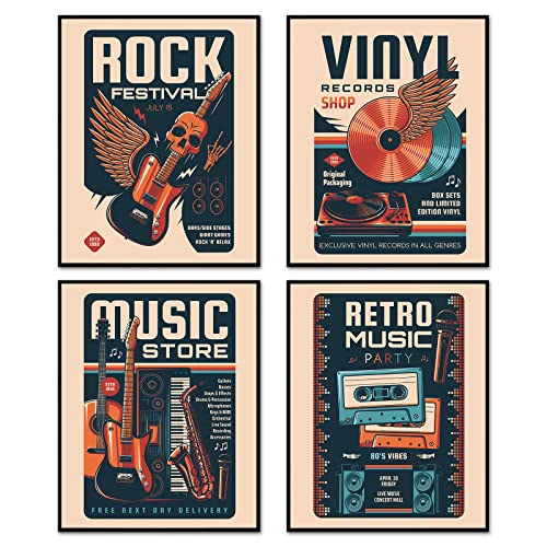 Retro Music Wall Art – Vintage Rock Festival Music Party Canvas Prints Vinyl Records Store Musical Guitar Cassette Poster Picture Decor for Living Room Bedroom Studio Set of 4 (8″x10″ UNFRAMED, Vintage)