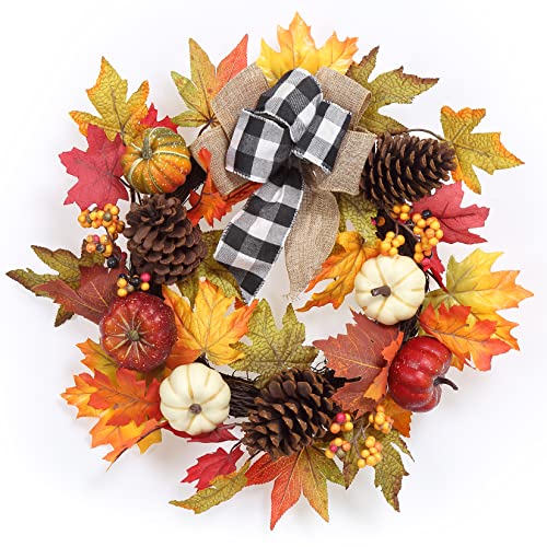 Adeeing Thanksgiving Fall Wreath for Front Door, 20 Inch Autumn Wreath Decoration with Pumpkin, Maple Leaves and Pine Cone for Indoor Outdoor Wall Window Home Decor