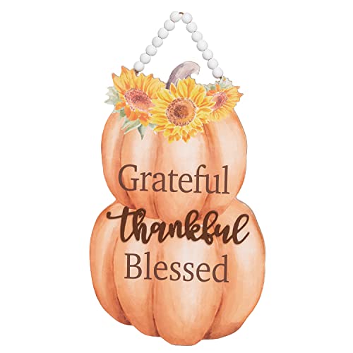 One Holiday Way 11.75-Inch Decorative Wooden Orange Pumpkin “Grateful Thankful Blessed” Front Door Sign w/ Wood Bead Hanger – Rustic Farmhouse Thanksgiving Harvest Wall Art – Autumn Home Decor