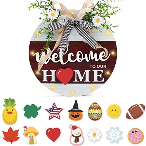 Anyzal Interchangeable Seasonal Welcome Sign Front Door Decor, Welcome to Our Home Sign Hanging Door Wreath with Lights for Holiday, Valentine’s Day, St. Patrick’s Day Decoration Housewarming Gifts