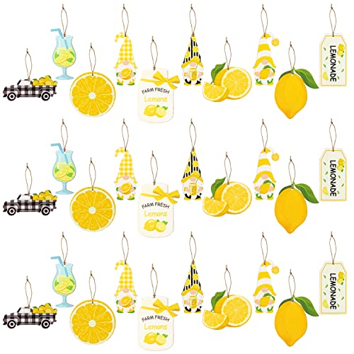 WATINC 31pcs Lemon Theme Wood Gnome Hanging Ornament, Summer Party Fruit Hang Tag Decor, Wooden Pendant Crafts Embellishments with Rope for Holiday Hawaiian Home Tree Decoration Supplies (10 Styles)