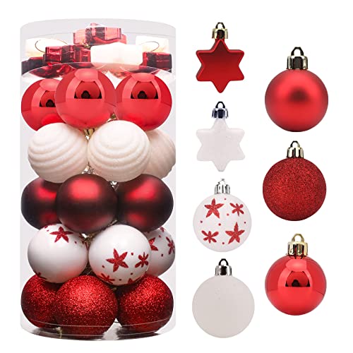 35pcs Grinch Christmas Ball Ornaments Lime Red White Xmas Tree Decors Shatterproof Shiny, Matte, Glitter Ornaments with Hanging Loop for Holiday Decors (25 Balls+10 Stars, Red & White)