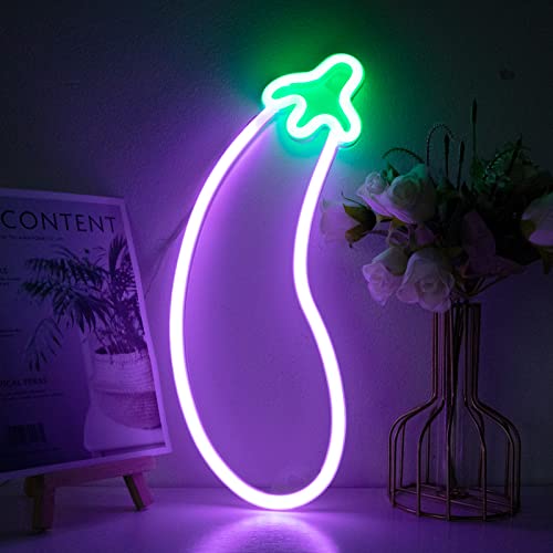 WIOSOUL Eggplant Neon Sign, LED Neon Light for Wall Decor Lamp USB or Battery Powered Light Up Signs for Bedroom, Kids Room, Man Cave, Wedding, Studio, Party(13.8x5inches)