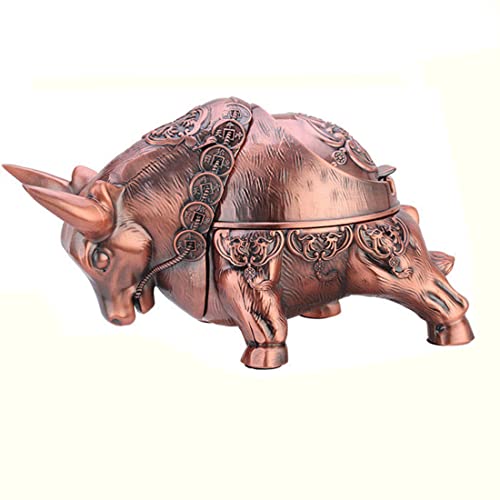 K COOL Vintage Windproof Bull Ashtray for Cigarettes with Lid Metal Portable Decorative Ashtray Indoor Outdoor Hand Carved Nice Gift Ornament for Women Men (Red Bronze)
