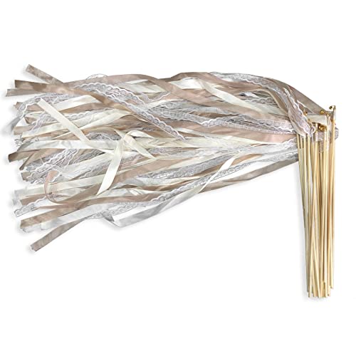 AIM & GGKK Ribbon Wedding Wands with Bell,Chromatic Silk Waving Party Fairy Streamers Wooden Stick(30 Pack Champagne lace)