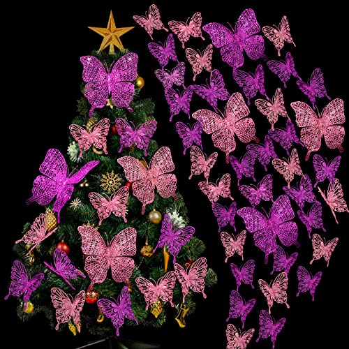 Canlierr 23 Pieces Christmas Tree Butterfly Decorations Hollow Ornaments for Christmas,Glitter Decoration with Elastic Rope Holiday Crafts and Tree, 2 Styles (Pink, Purple)