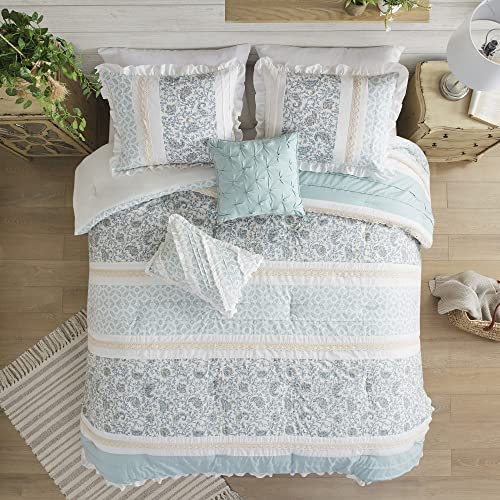 Madison Park Scarlett 100% Cotton Comforter Set-Modern Cottage Design All Season Down Alternative Bedding, Matching Shams, Bedskirt, Decorative Pillows, King, Blue 6 Piece