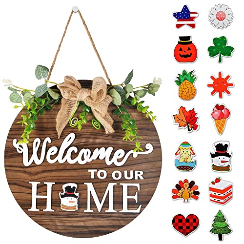 NiceNeer Seasonal Interchangeable Welcome Signs, Rustic Wooden Sweet Home door Sign Holiday Wreaths Hanging Outdoor, Farmhouse Front Door Porch Decor With 14 PCS Changeable Icons