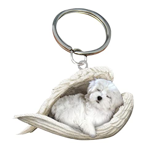 Cute Sleeping Dog Angel Acrylic Keychain Showcase Hanging Keychain Pendants Ornaments for Auto Interior Home Stationery Decor