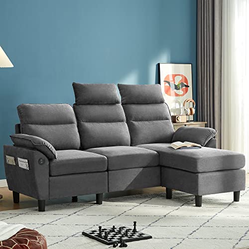 LINSY HOME Convertible Sectional Couch, 3 Seat L Shaped Sofa with 2 USB Ports and Storage Bags, Small Sectional Sofa Set for Living Room, Apartment, Dark Gray