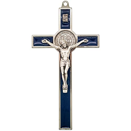 Saint Benedict Medal Crucifix | Ready to Hang on Wall | Patron Saint of Students and Europe | Great Catholic Gift for Baptism, First Holy Communion, and Confirmation | Christian Home Décor (Blue)