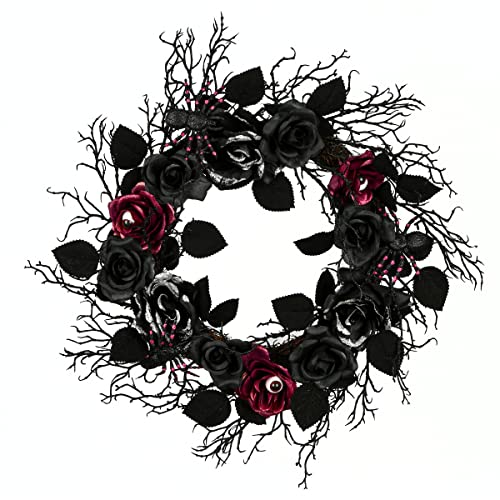 National Tree Company Artificial Spooky Wreath, Black, Decorated with Roses, Leaves, Thorny Branch Base, Halloween Collection, 22 Inches
