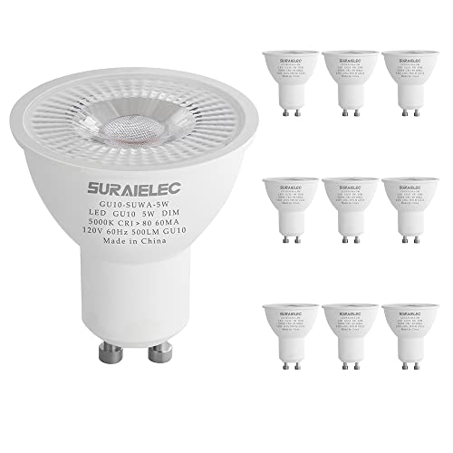 SURAIELEC 10 Pack GU10 LED Bulb Dimmable, 50W Halogen Equivalent, 5000K Daylight White Glow for Recessed Lighting, Range Hood, 5W 500LM Track Light Bulbs, 40°Beam Angle