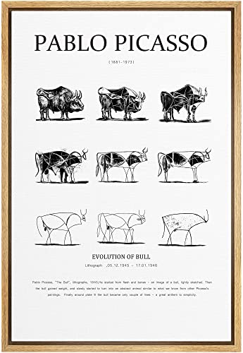 SIGNLEADER Framed Canvas Print Wall Art Pablo Picasso Evolution of Bull Animals Nature Illustrations Fine Art Rustic Scenic Relax/Calm Duotone Dark for Living Room, Bedroom, Office – 16″x24″ NATURAL