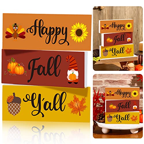 3 Set Fall Decor Fall Tiered Tray Decor Happy Fall Y’all Wooden Blocks Signs Thanksgiving Wood Farmhouse Tabletop Fall Decor Signs Plaques Fall Shelf Sitters for Home Table (Happy Fall Y’all Style)