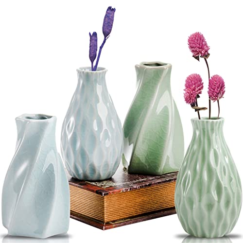 Dicunoy Set of 4 Small Ceramic Bud Vases, 5″ Rustic Single Flower Vases for Home Decor, Mini Farmhouses Floral Holder Bulk for Living Room, Home, Shelf, Table, Bookshelf, Entryway Modern Decor