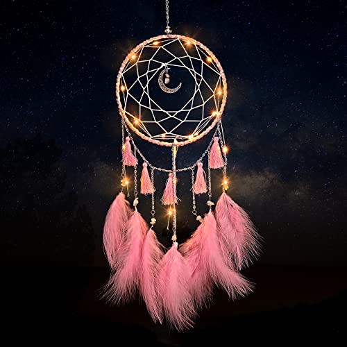 Led Dream Catchers – Handmade Dream Catcher for Adults Girls Boys, Light up Dream Catcher for Bedroom Decor Wall Hanging Ornament, Creative Moon Dream Catcher with Feathers and LED Lights (Pink)