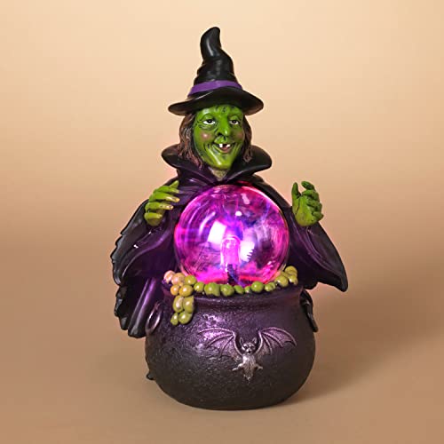 One Holiday Way 10-Inch Green Witch Figurine and Black Cauldron w/ Light Up Crystal Ball – Decorative Lighted Halloween Witchcraft Orb Figure Tabletop Decoration – Table Mantel Shelf Party Home Decor
