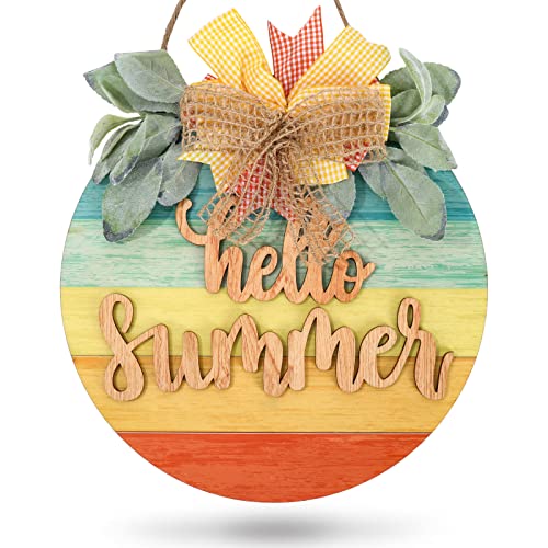 Whaline Hello Summer Wooden Hanging Sign Summer Welcome Sign Front Door with Bow Rustic Gradient Color Wood Sign Door Hanger for Summer Holiday Farmhouse Home Office Shop Window