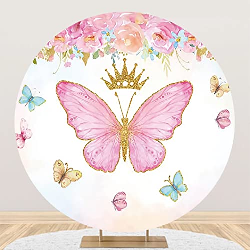 Pink Butterfly Round Backdrop,Yeele 7.2ft Princess Birthday Party Backdrops Baby Shower Background for Photography Gold Crown Backdrops for Baby Girls Table Banner Decor Shoot Studio Props