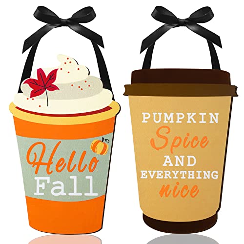 2 Pieces Hello Fall Wood Hanging Decor Fall Pumpkin Spice Drink Decor Fall Kitchen Door Welcome Bulletin Board Decorations for Classroom Thanksgiving Harvest Blessing Party Wall Window Door Decor