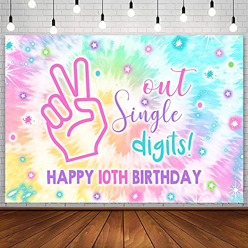 Sendy 7x5ft Out Single Digits Backdrop Happy 10th Birthday Party Decorations Supplies for Girl Tie Dye Rainbow It’s My 10 Years Old Bday Background Banner Photo Studio Props Vinyl, Pink