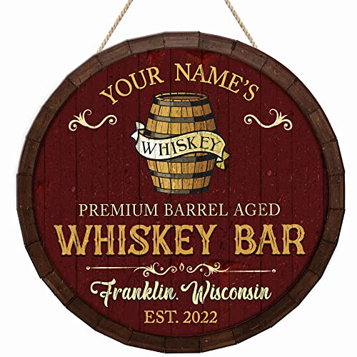 Artsy Woodsy Personalized Whisky Bar Printed Wood Sign, Rustic Bar Sign, Vintage Whiskey Pub Sign, Tasting Room Decor, Backyard Bar, Saloon Sign, Man Cave Sign, Gift for Men, 12” & 18″ Sign (01)
