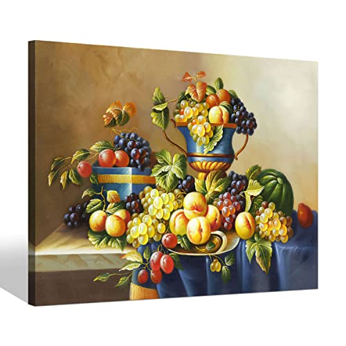 Kitchen Wall Art Canvas Picture: Vintage Fruit Painting Large Dining Room Bedroom Modern Yellow Lemon Grape Peach Artwork Big Colorful Still Life Horizontal Fresh Food Watermelon Pear Giclee Print for Home