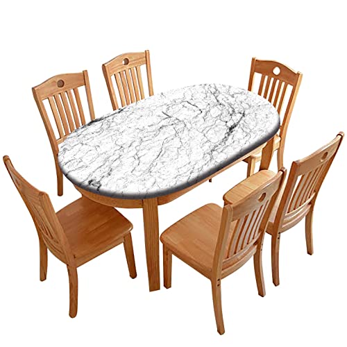 Atury Black White Marble Texture Oval Fitted Tablecloths, Polyester Elastic Edged Table Cover, Waterproof Table Cloth Wrinkle Resistant Decor Indoor Family Banquet Use Fits Oblong 48”x72” Table