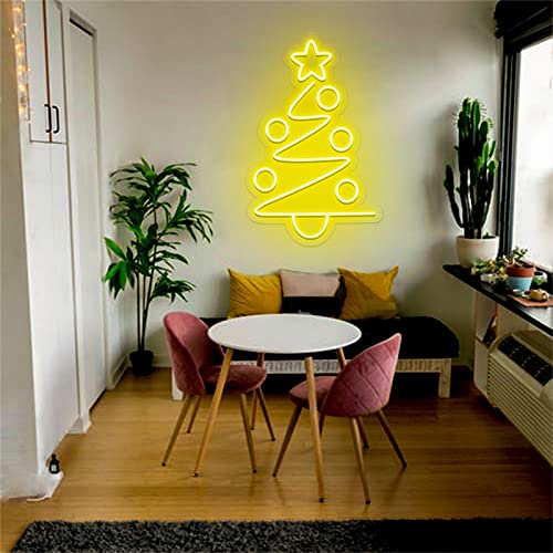 Christmas tree neon sign, Xmas Festival party business studio cafe store LED light wall decor personalized illuminated lamp, 32x50cm,Yellow