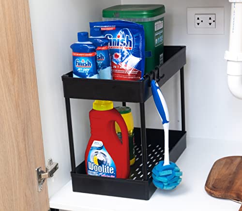 Under cabinet storage bathroom organizer – ideal for under sink and under counter. Stylish, for kitchens, closets, bathrooms, offices, and any space needing organizing! Plastic and easy to clean!