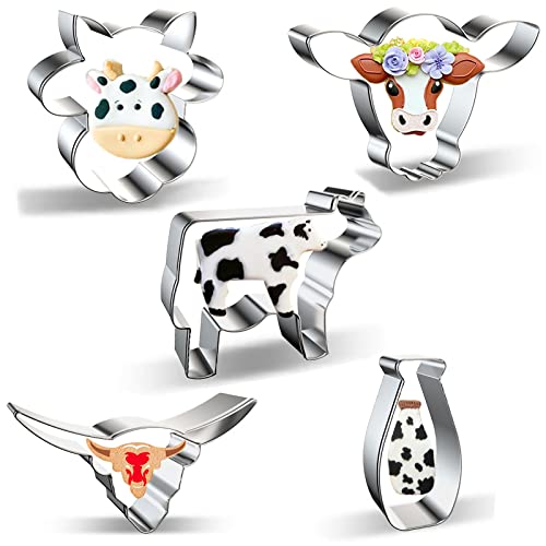 Cow Cookie Cutter Set – 5 Piece Stainless Steel Farm / Farmhouse Animal Cookie Cutters Shapes Milk Bottle, Longhorn, Bull, Cow Head, Cow / Steer Face Cutters Molds for Making Cookies, Biscuit, Fondant